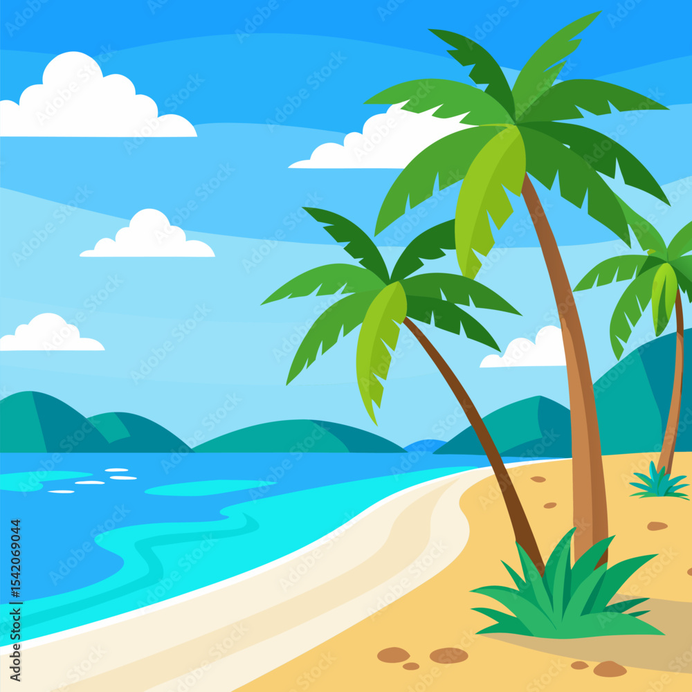 Fototapeta premium Tropical beach vacation illustration with palm trees and ocean view