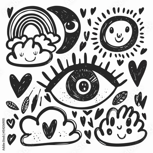 Whimsical Hand-Drawn Celestial and Nature Elements Sun, Moon, Clouds, Eyes, Hearts