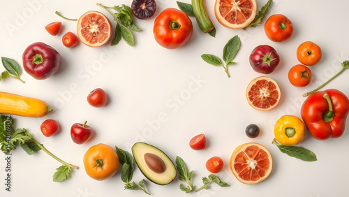Vibrant assortment of fresh fruits and vegetables creating a healthy food frame on white.