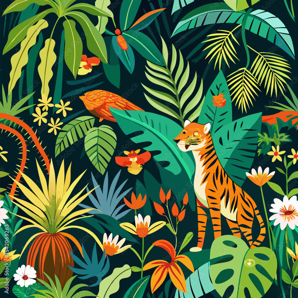 Obraz premium Seamless tropical jungle pattern with exotic leaves