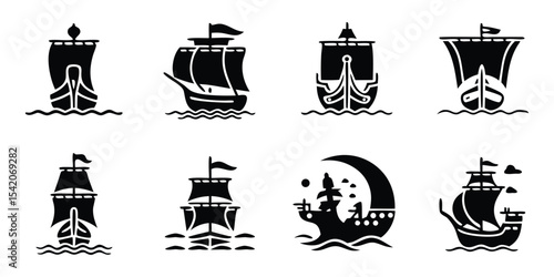 Viking Ship Sailing on Sea Waves, Historical longship illustration for travel and adventure concepts On White Background