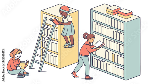 Three children reading books near bookshelves in a library setting with a ladder and books on top shelf