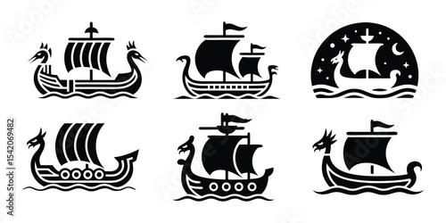 Set of Viking Ship Icons, Monochrome Historical Drakkar Vector Collection Isolated on a White Background.