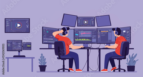 Video Editor Team Working on Multiple Screens 2