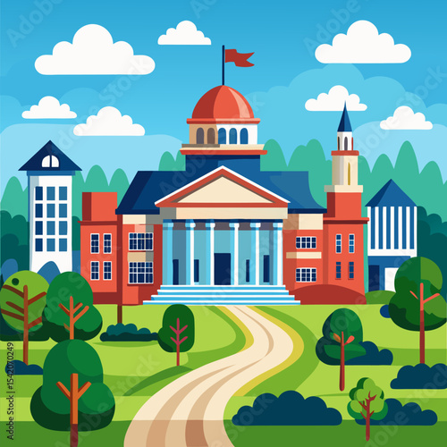 Vector of an international school building with global students