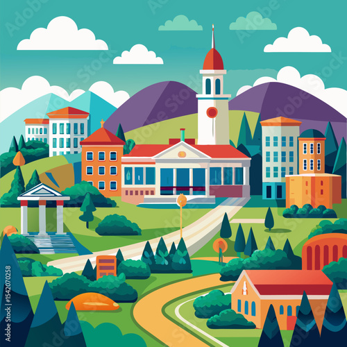 Vector of an international school building with global students