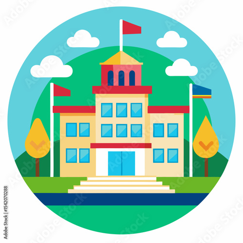 Vector of an international school building with global students