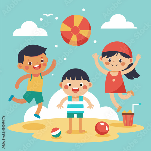Vector of kids playing happily during summer vacation