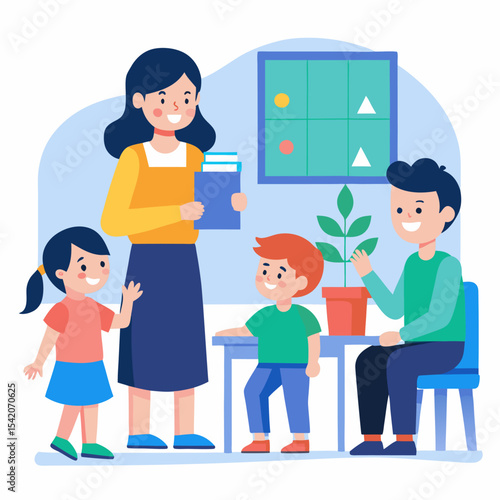 Vector of parents teaching kids at home during study time
