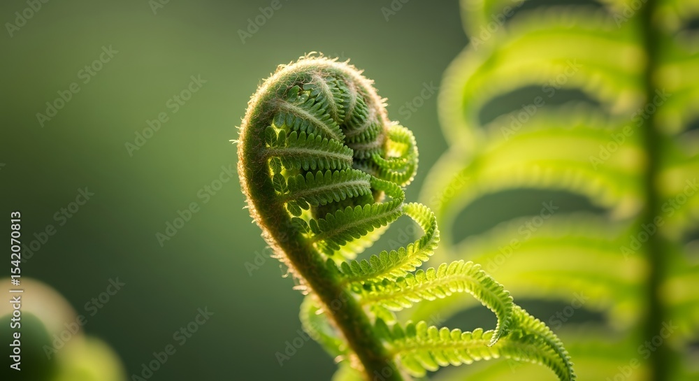 Naklejka premium Unfurling Fern Fiddlehead, A Close-Up of Nature's Delicate Beauty