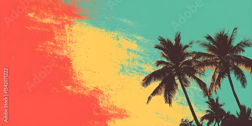 The silhouettes of two coconut trees on the right side on a grunge background using reggae colors give a feeling of a summer evening.