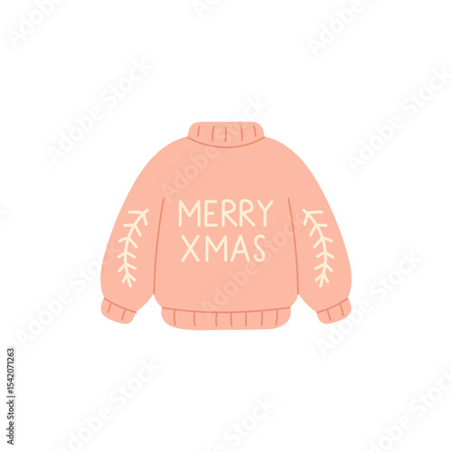 knit peach sweater with message Merry Christmas and graphic stitched branches on sleeves in simple vector style