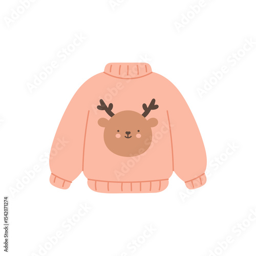smiling Christmas reindeer character on soft peach sweater in vector style on white concept of childrens fashion, textile brand, seasonal merch
