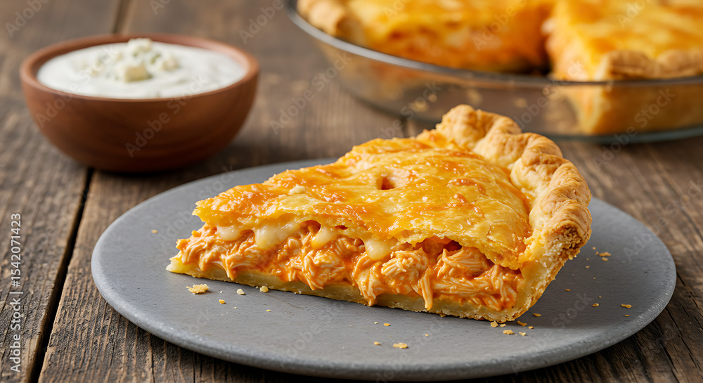 A slice of buffalo chicken pie with shredded spicy chicken, melted cheddar, and a flaky golden crust. Presented on a stone plate with a small bowl of blue cheese dressing in the background A slice of buffalo chicken pie with shredded spicy chicken, melted cheddar, and a flaky golden crust. Presented on a stone plate with a small bowl of blue cheese dressing in the background