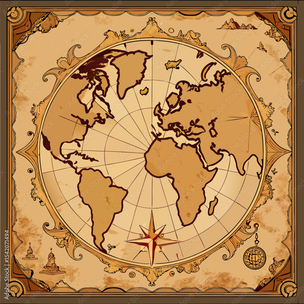 Fototapeta premium Vintage map on faded parchment with old world cartography 
