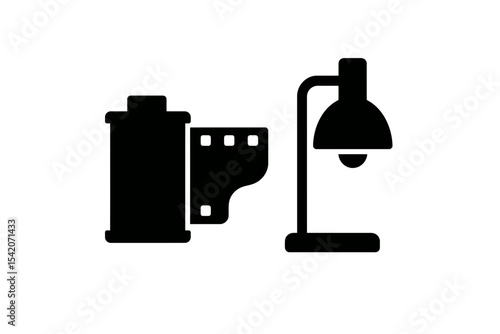 very simple flat and single minimalist Film Roll and Darkroom Silhouettes in black on a white background