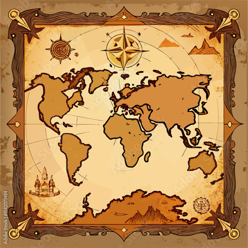 Vintage map on faded parchment with old world cartography

