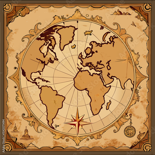 Vintage map on faded parchment with old world cartography
