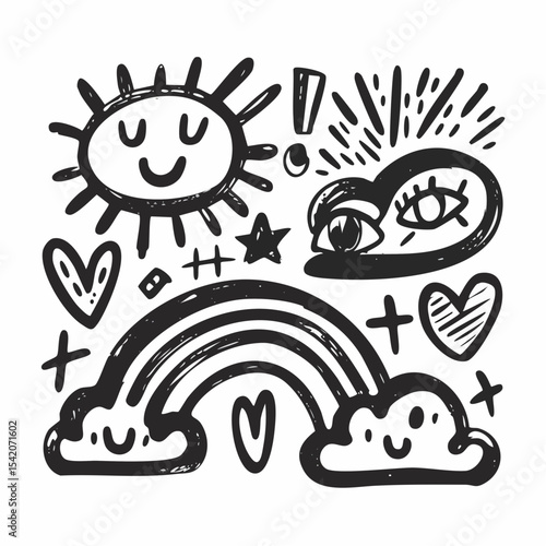 Hand-drawn Doodle Collection Sun, Rainbow, Hearts, and Eyes