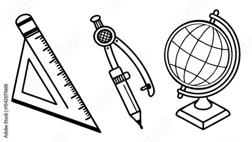Illustration of a set square, compass, and globe in black and white line art school supplies for education