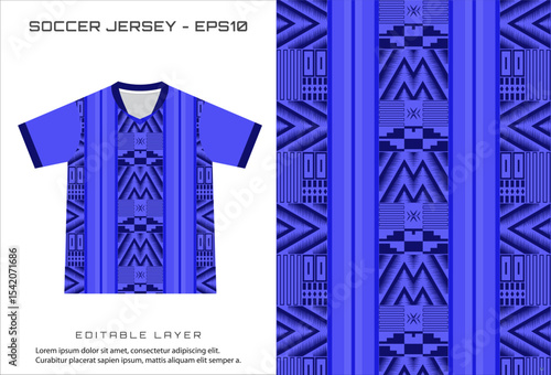 Blue soccer jersey design with geometric patterns and vertical stripes