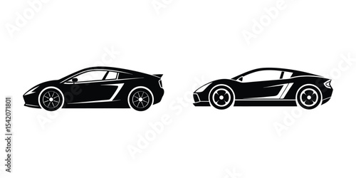 Minimal Flat Artwork of a Sculpted Sports Car Side View Accelerating Outward Silhouette on White Background