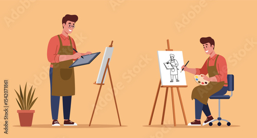 Male Artist Character Set with Painting Tools 2