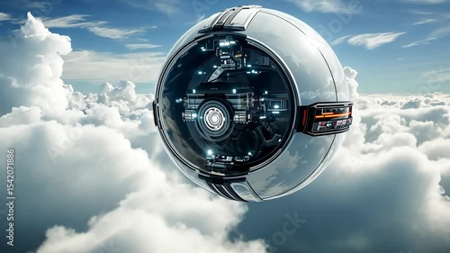 Futuristic spherical vehicle above fluffy clouds