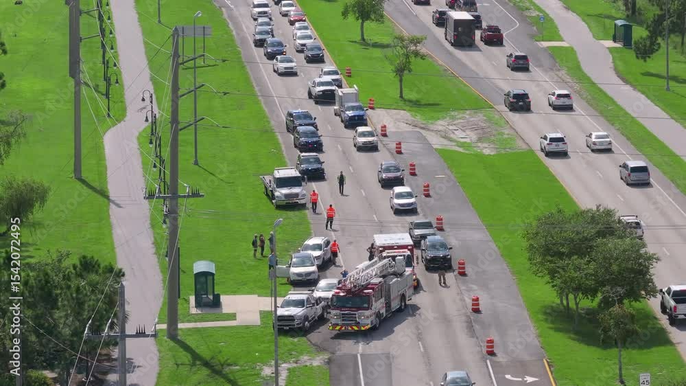 Traffic accident on American street in Florida. First responders ...