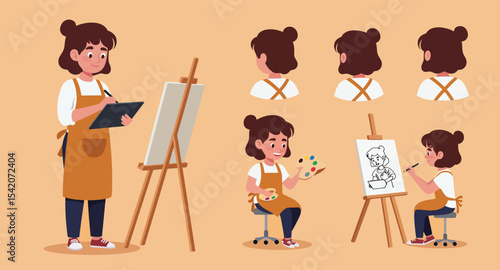 Female Artist Character Set with Painting Tools 1