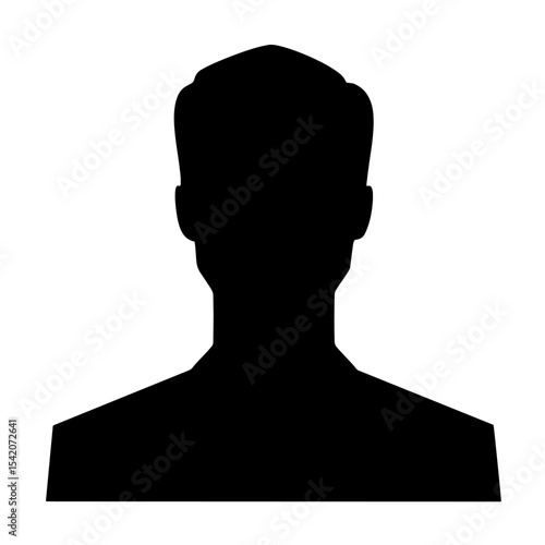 a black silhouette of a man's head and shoulders is displayed on a white background in this icon image