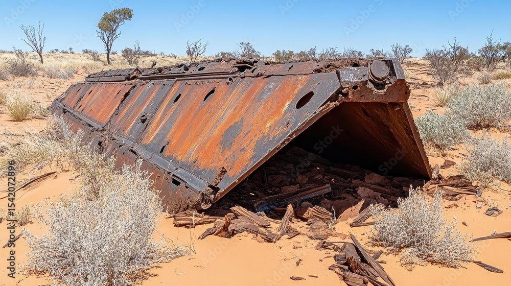 Fototapeta premium Rusty Metal Remnant in Desert Landscape Surrounded by Shrubs