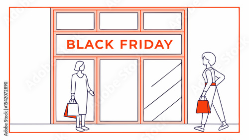 Minimalistic vector illustration of shoppers outside a store advertising Black Friday sales, ideal for marketing and promotional materials