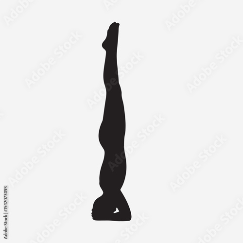 A classic inversion silhouette. The body is perfectly straight and vertical, balanced on the forearms and head. The clean, strong lines emphasize alignment, stability, and control
