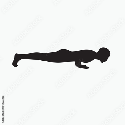 A silhouette capturing the moment of movement between two poses, such as lowering from Plank to Chaturanga. The body is a straight, rigid line parallel to the ground, with elbows bent at a 90-degree 