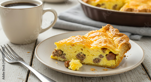 Wallpaper Mural A slice of sausage and egg breakfast pie with golden flaky crust, fluffy eggs, savory sausage, and melted cheese. Presented on a ceramic plate over a farmhouse table with a cup of coffee nearby Torontodigital.ca