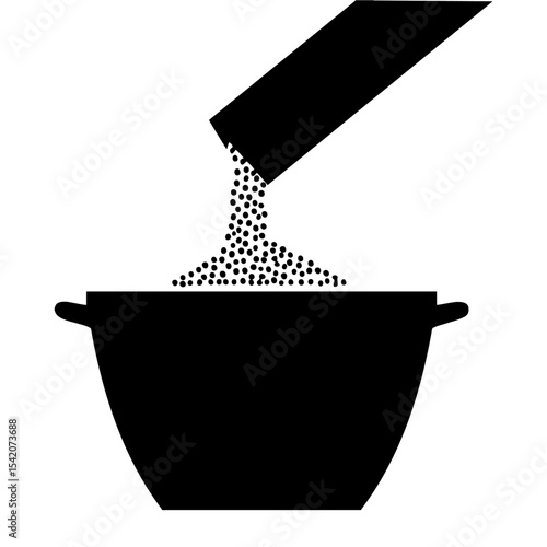 a black and white vector illustration of a cooking pot being filled with a granular ingredient source above