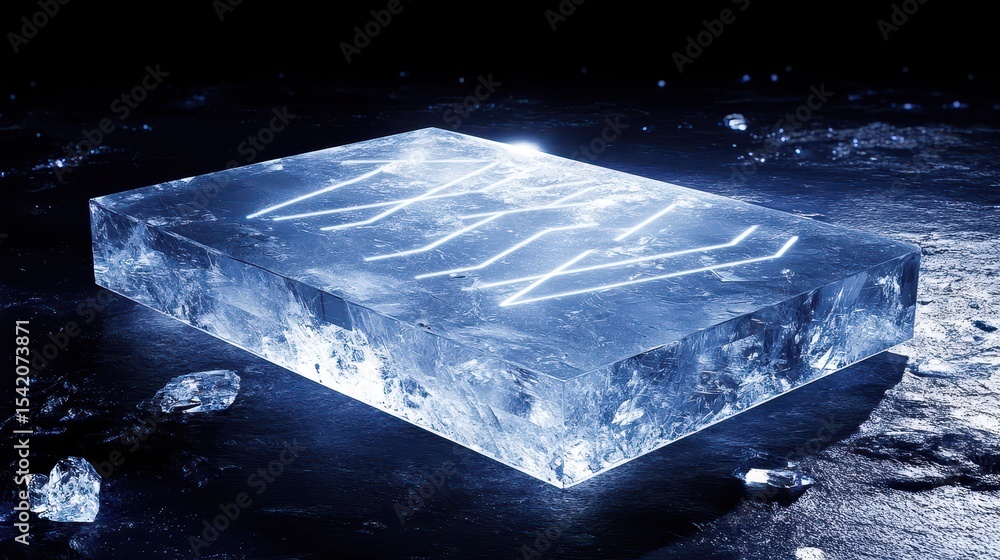 Obraz premium Clear Ice Block With Intricate Patterns Illuminated in Dark Background