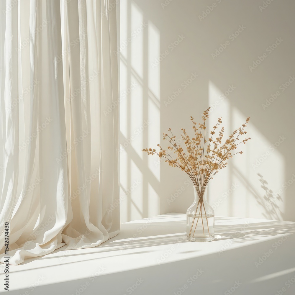 Dried Flowers in Glass Vase Minimalist White Room Sunlight Dried Flowers in Glass Vase Minimalist White Room Sunlight