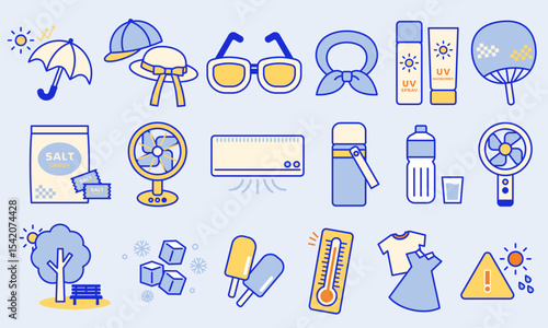 熱中症・猛暑対策フラットアイコン / Heat Stroke & Summer Cooling Flat Icons