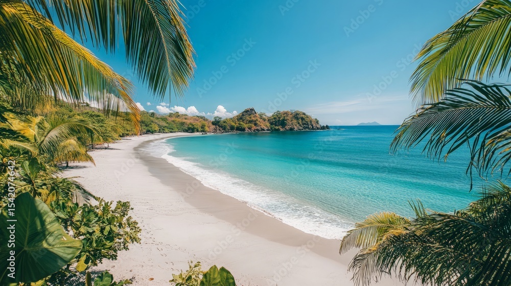Fototapeta premium A pristine, white-sand beach with turquoise waters and clear blue skies, framed by lush tropical palm trees, creating an exotic paradise.