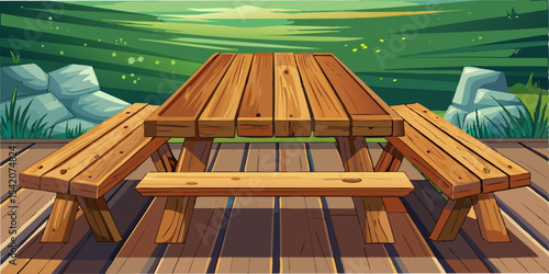 Wooden picnic table and benches outdoors