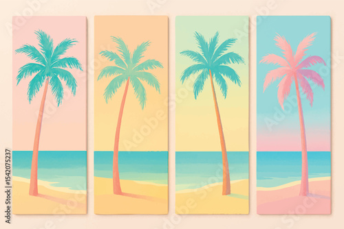 A beach scene featuring four palm trees with a colorful sunset in the background.