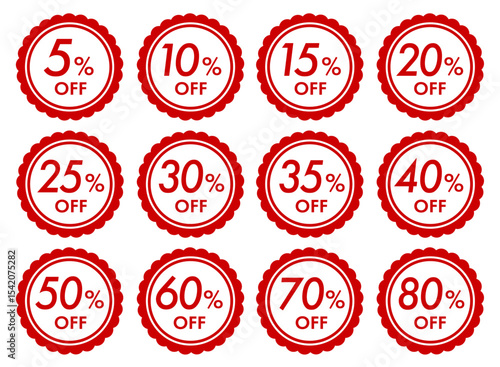 シンプルで使いやすい割引率別セールのオフバッジアイコンセット(クーポン セール 5% 10% 15% 20% 30% 50% 60% 70% 80%OFF ベクター 編集可能 赤)