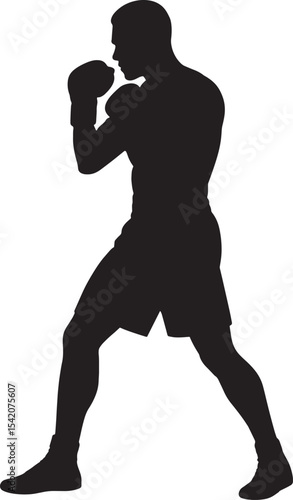 "Boxer Silhouette in Fighting Stance – Vector Style Male Fighter on White Background"