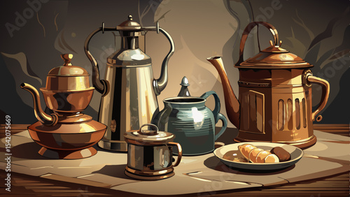 Still life with antique copper and silver coffee pots