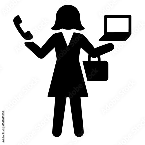 very simple flat and single minimalist Multitasking Businesswoman Silhouettes in black on a white background