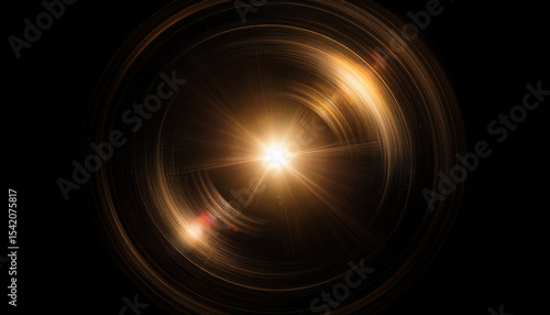 abstract lens flare effect overlay with bright light and circular shapes in black background and optical sun beam glow