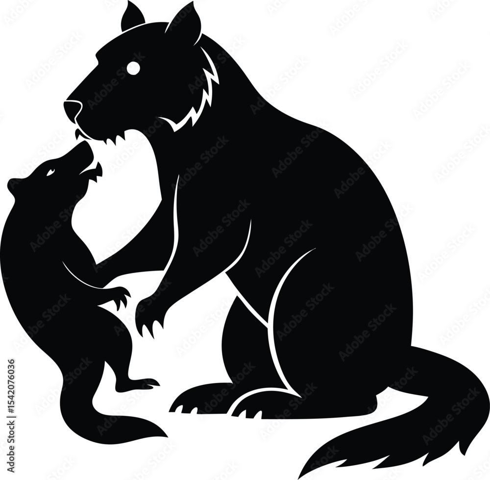 Black Silhouette of Bears: Mother and Cub Illustration, Wildlife Art, Vector Image Black Silhouette of Bears: Mother and Cub Illustration, Wildlife Art, Vector Image