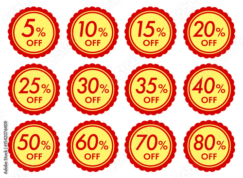 シンプルで使いやすい割引率別セールのオフバッジアイコンセット(クーポン セール 5% 10% 15% 20% 30% 50% 60% 70% 80%OFF ベクター 編集可能 赤黄)